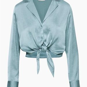 Aritzia Satin Tie-Front Blouse in Light Blue